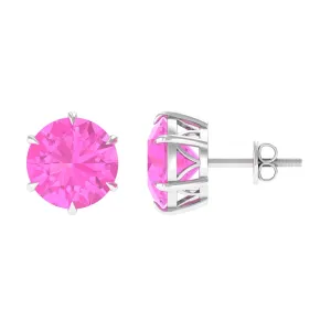 10 MM Round Created Pink Sapphire Solitaire Stud Earrings