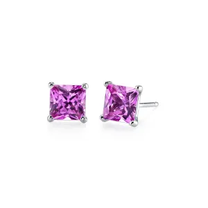 10k White Gold Plated 3 Carat Princess Cut Created Pink Sapphire Stud Earrings