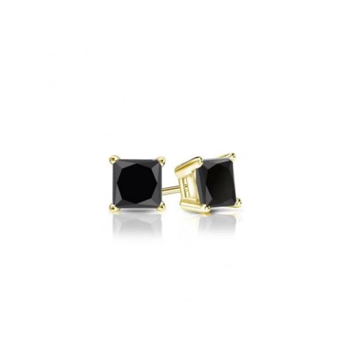 10k Yellow Gold Plated 3 Carat Princess Cut Created Black Sapphire Stud Earrings