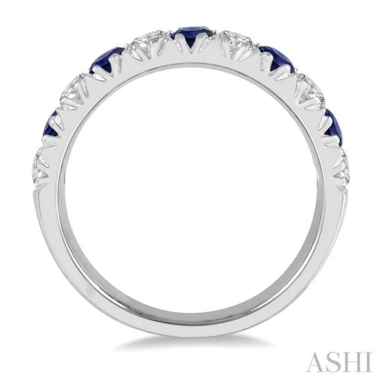 1/2 ctw Round Cut Diamond and 2.9MM Sapphire Precious Wedding Band in 14K White Gold