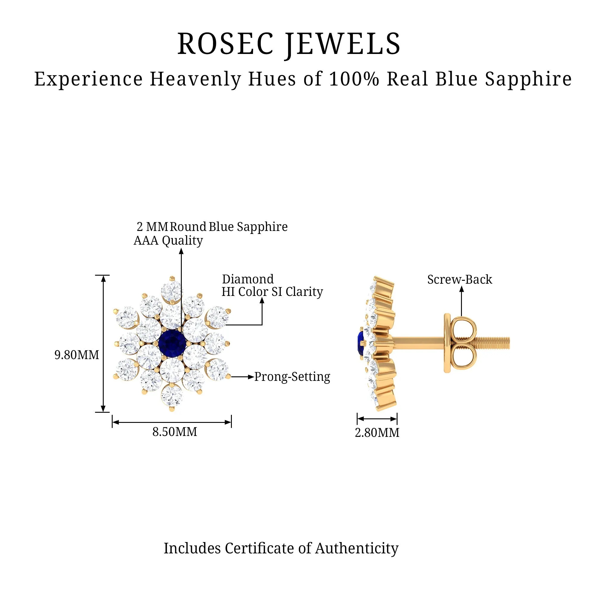 1.25 CT Blue Sapphire and Diamond Floral Cluster Stud Earrings