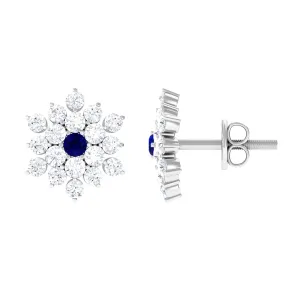 1.25 CT Blue Sapphire and Diamond Floral Cluster Stud Earrings