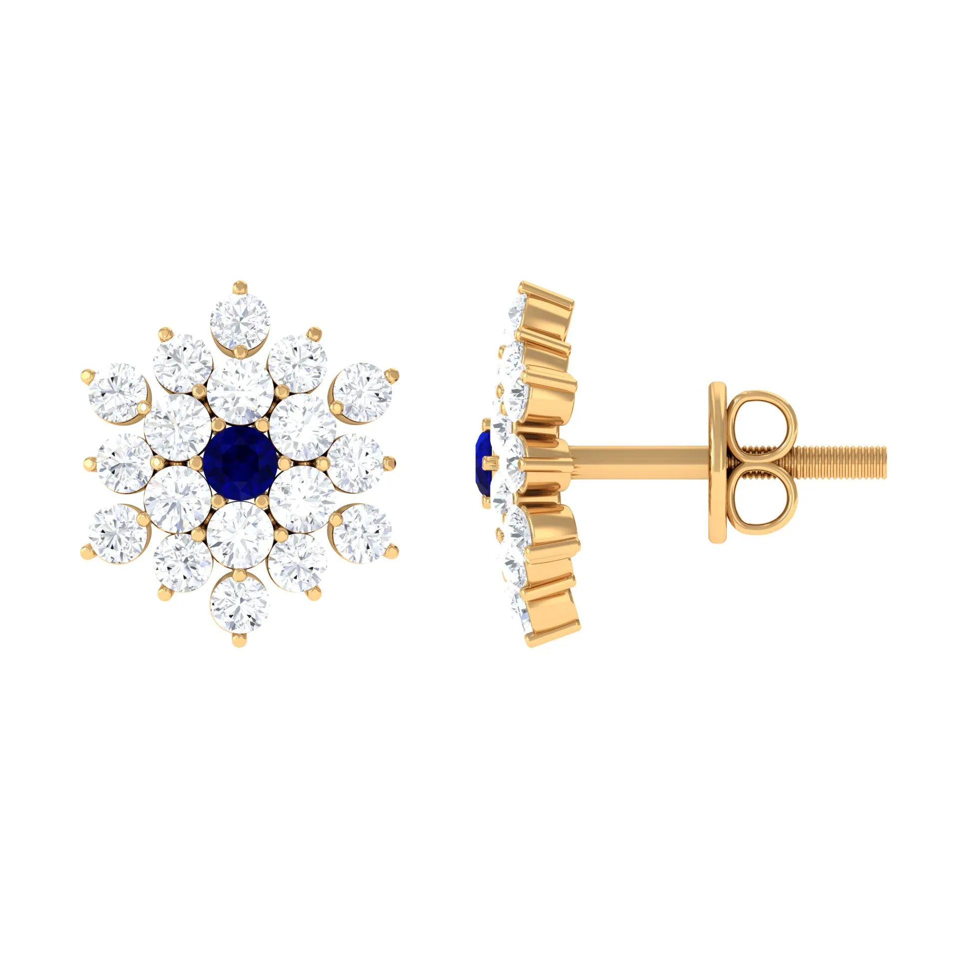 1.25 CT Blue Sapphire and Diamond Floral Cluster Stud Earrings