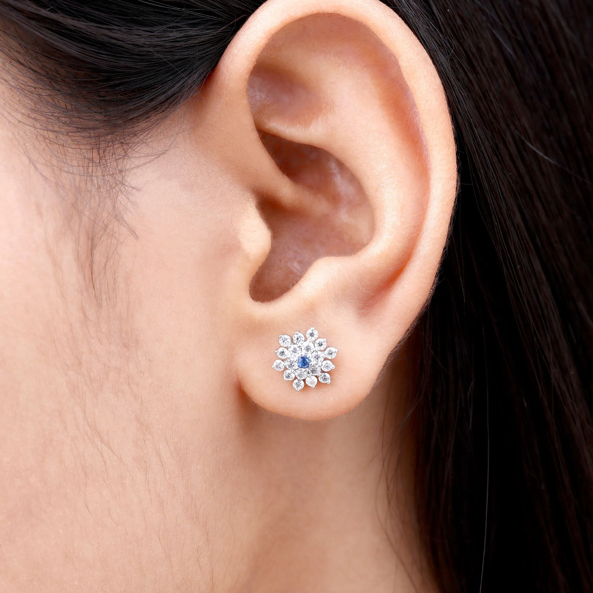 1.25 CT Blue Sapphire and Diamond Floral Cluster Stud Earrings