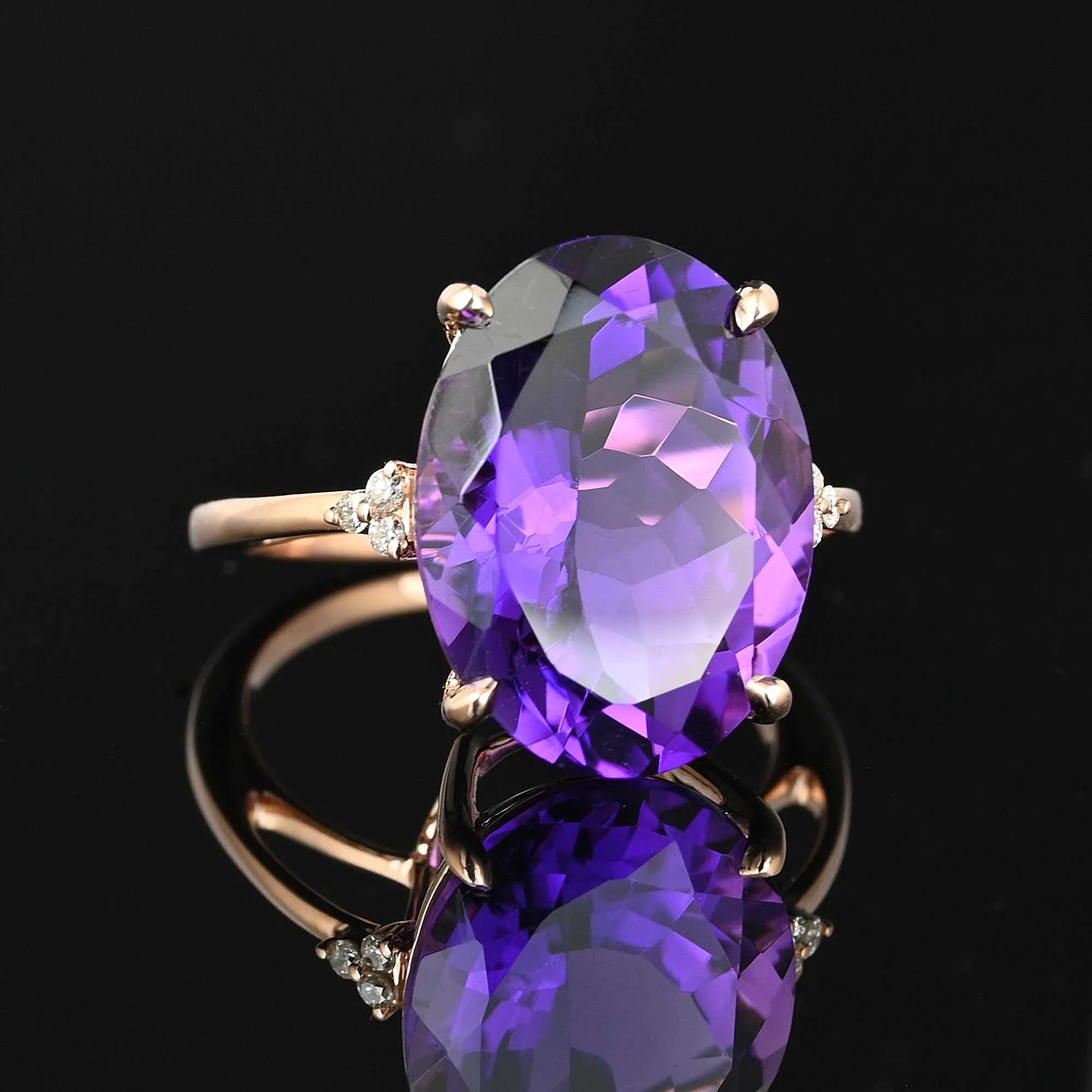 14K Rose Gold Diamond Amethyst Ring, 9 Carats