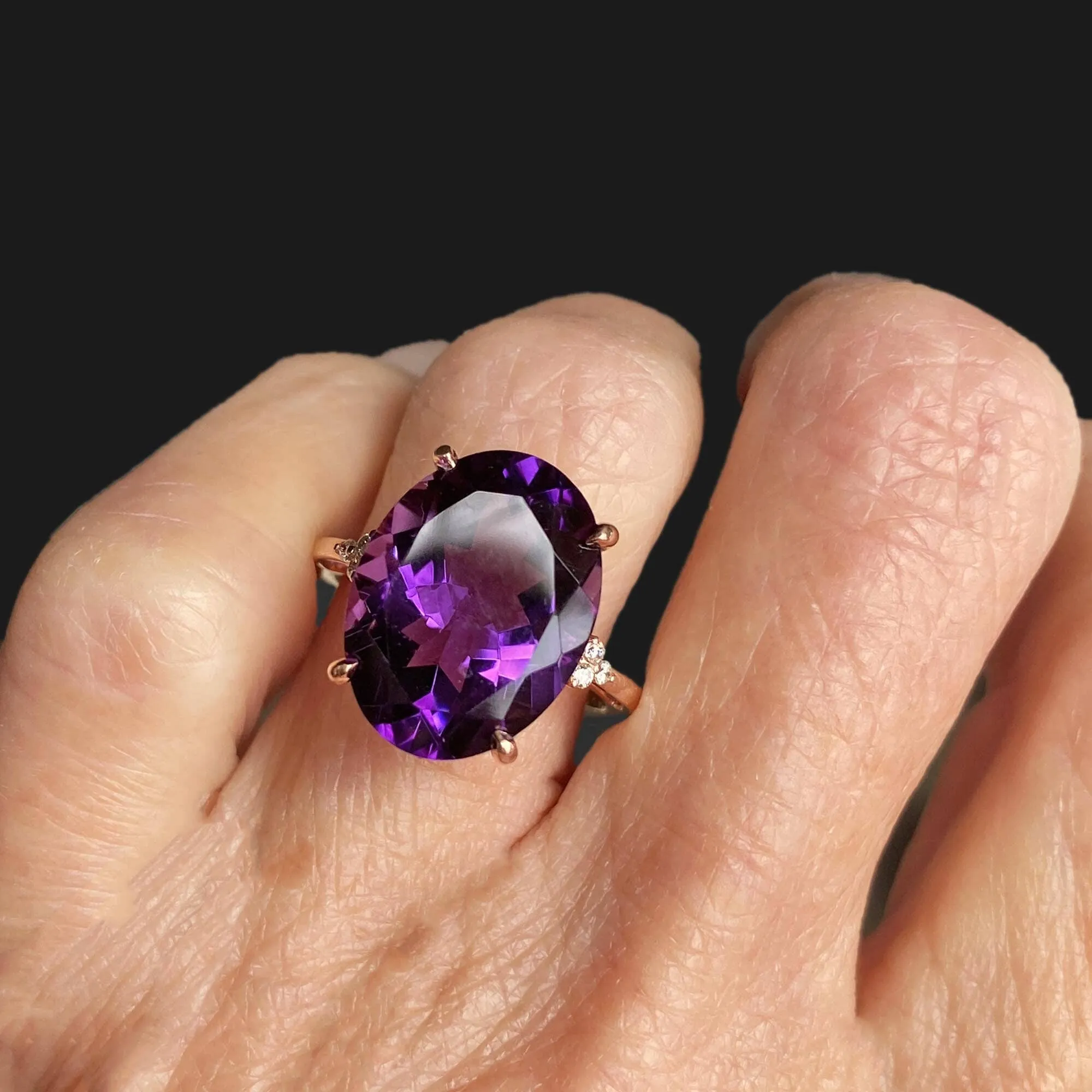 14K Rose Gold Diamond Amethyst Ring, 9 Carats