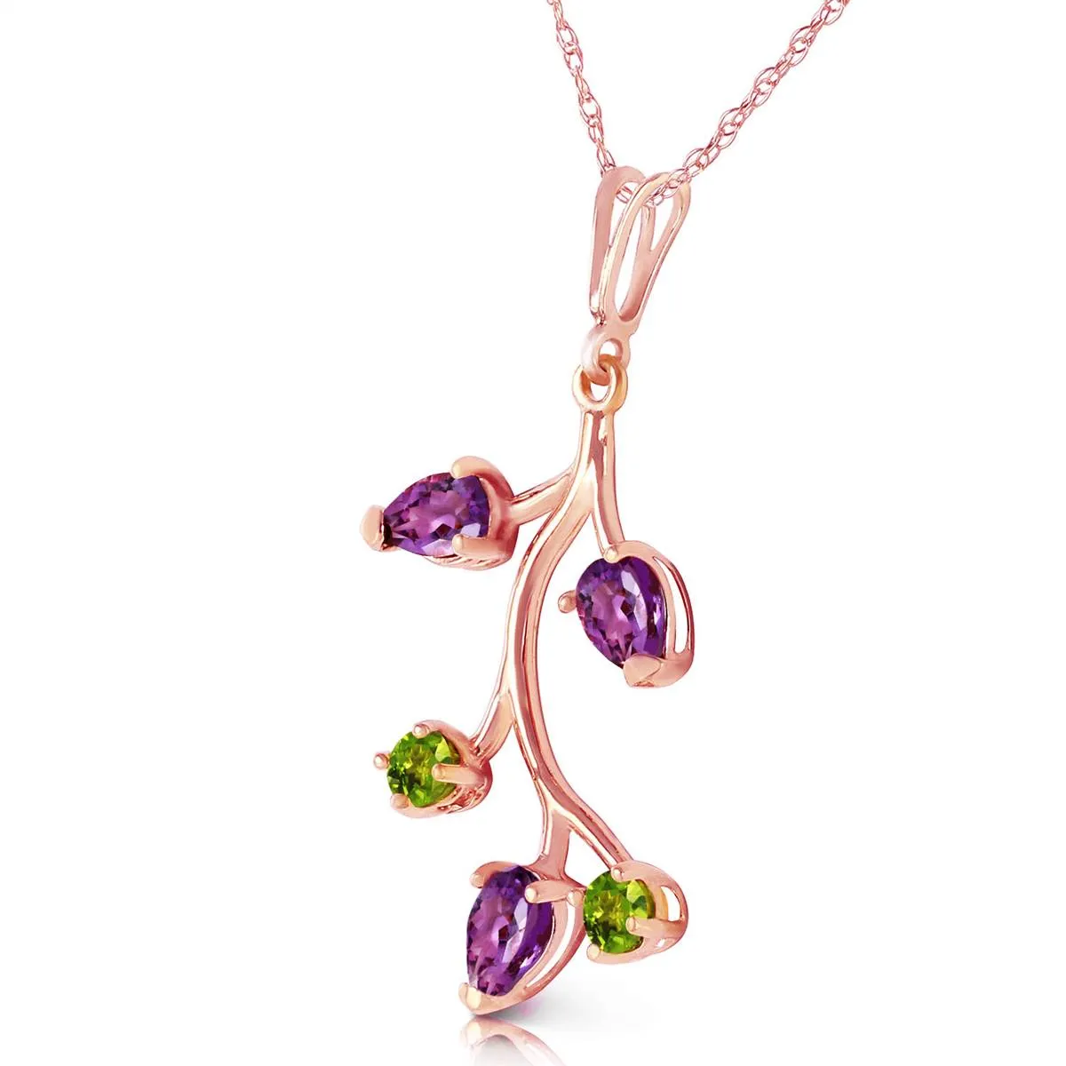 14K Solid Rose Gold Amethyst & Peridot Necklace Certified