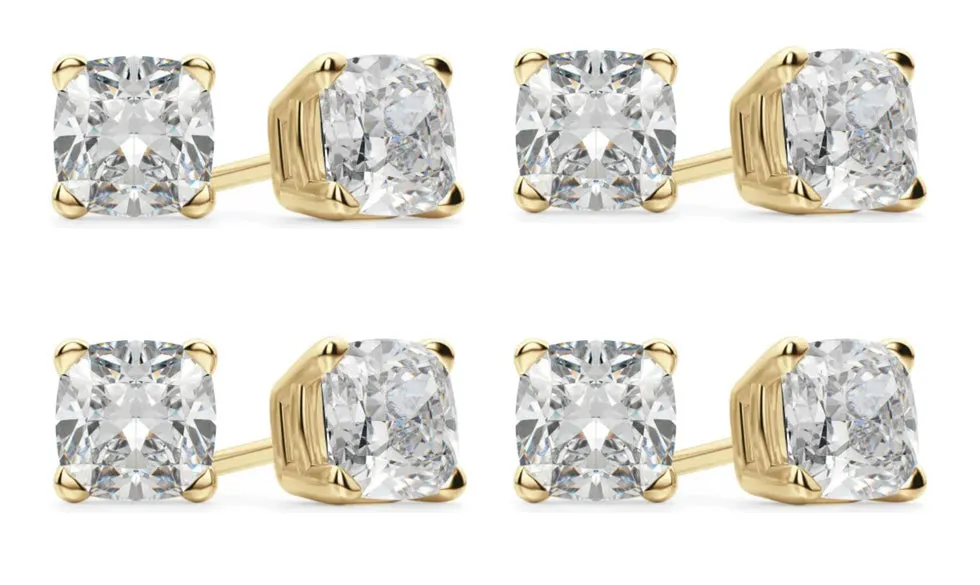 14k Yellow Gold 1/2Ct Cushion Cut White Sapphire Set Of Four Stud Earrings Plated