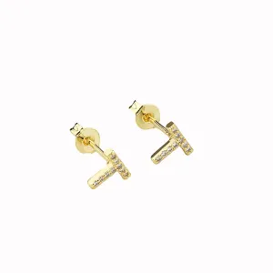 14k Yellow Gold Created White Sapphire Initial T Letter Stud Earrings Plated