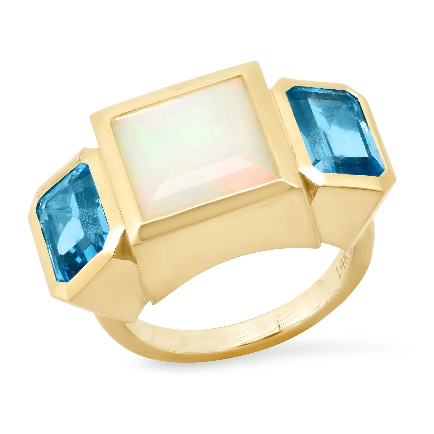 14K YG Ethiopian Opal and Topaz Trilogy Ring