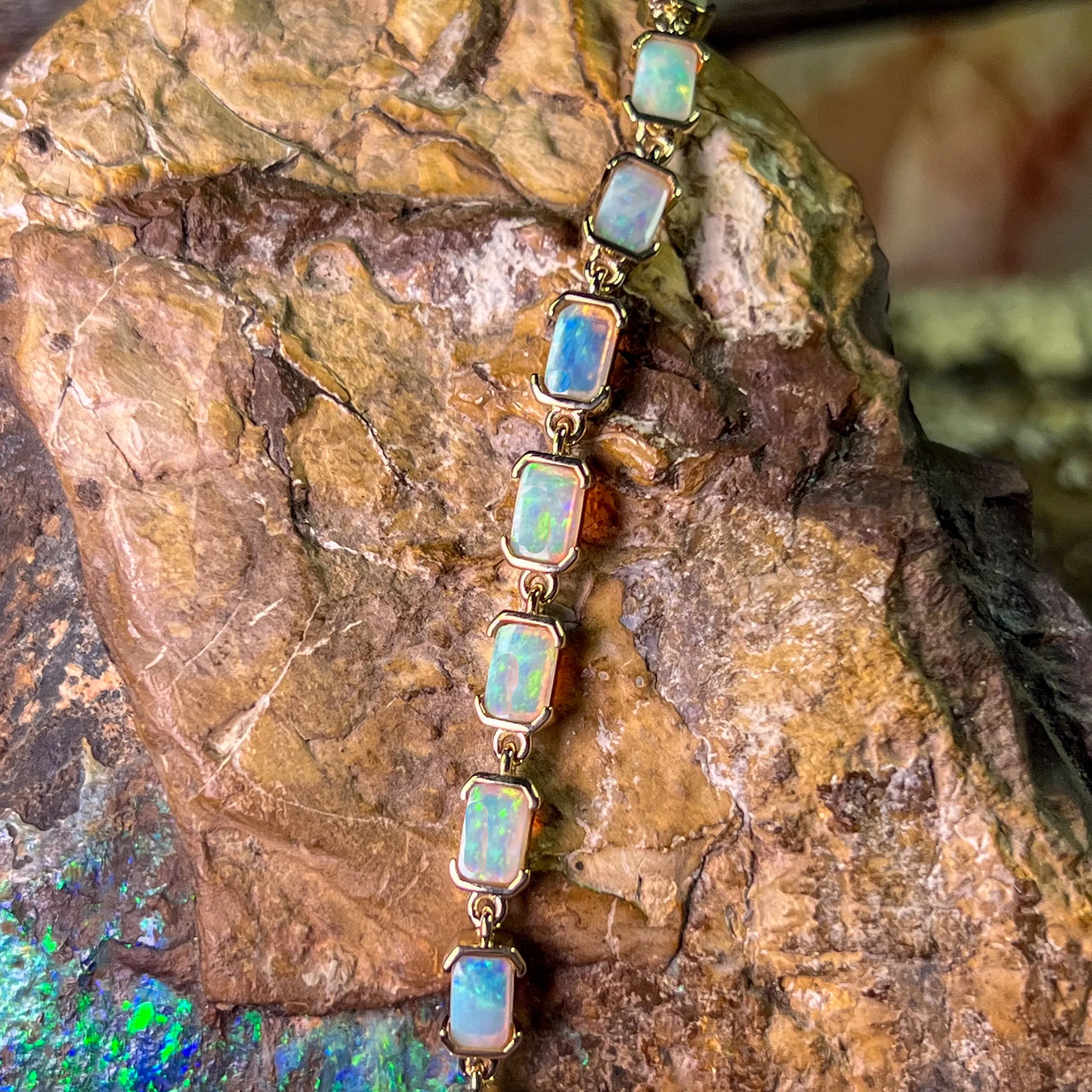 14kt Yellow Gold rectangular Crystal Opal half bezel set bracelet