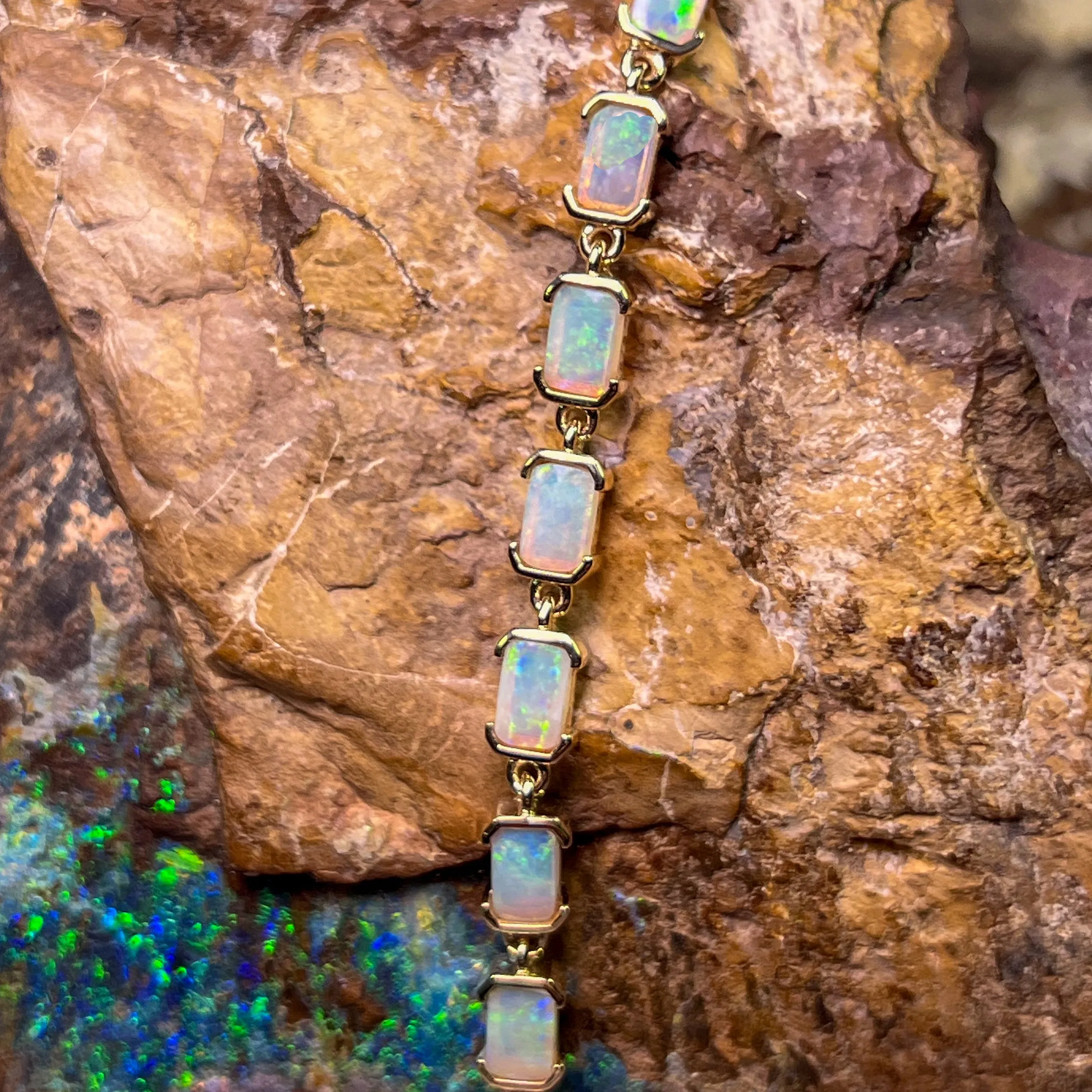 14kt Yellow Gold rectangular Crystal Opal half bezel set bracelet