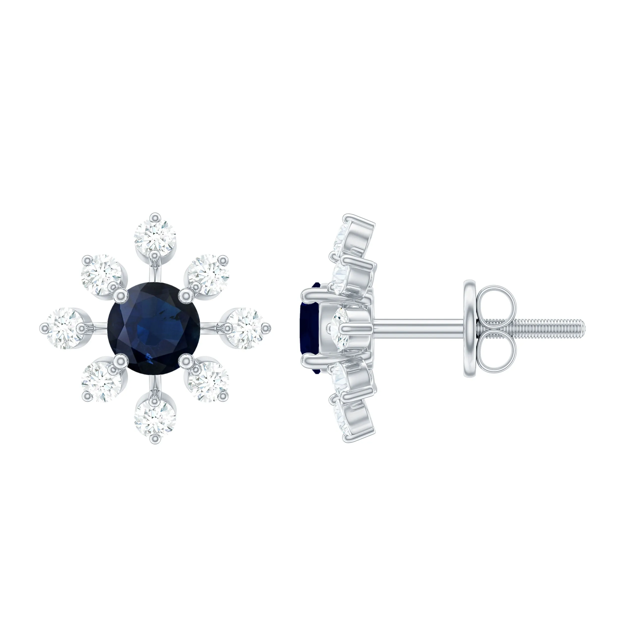 1.5 CT Blue Sapphire Flower Stud Earrings with Diamond in Prong Setting