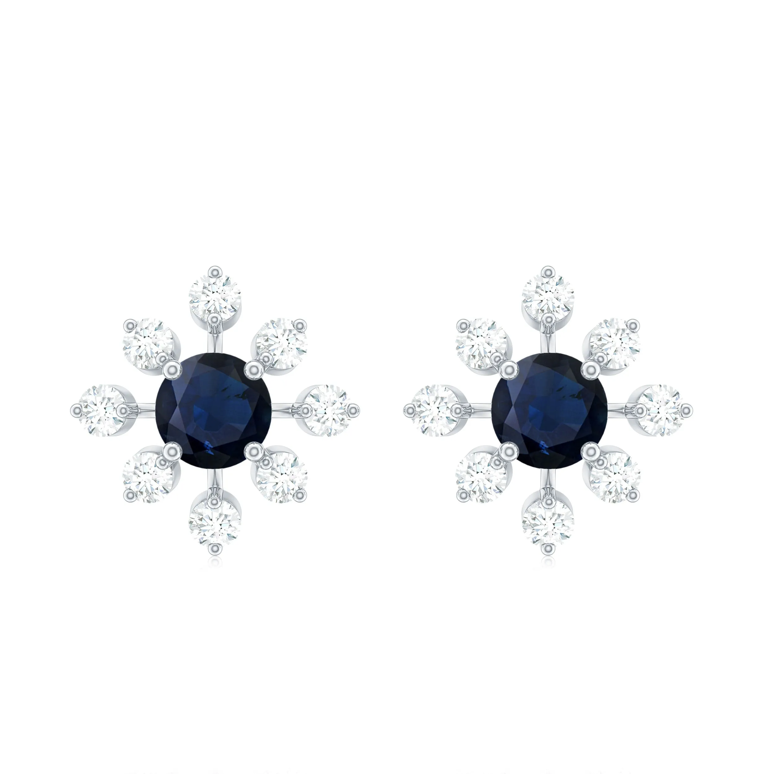 1.5 CT Blue Sapphire Flower Stud Earrings with Diamond in Prong Setting