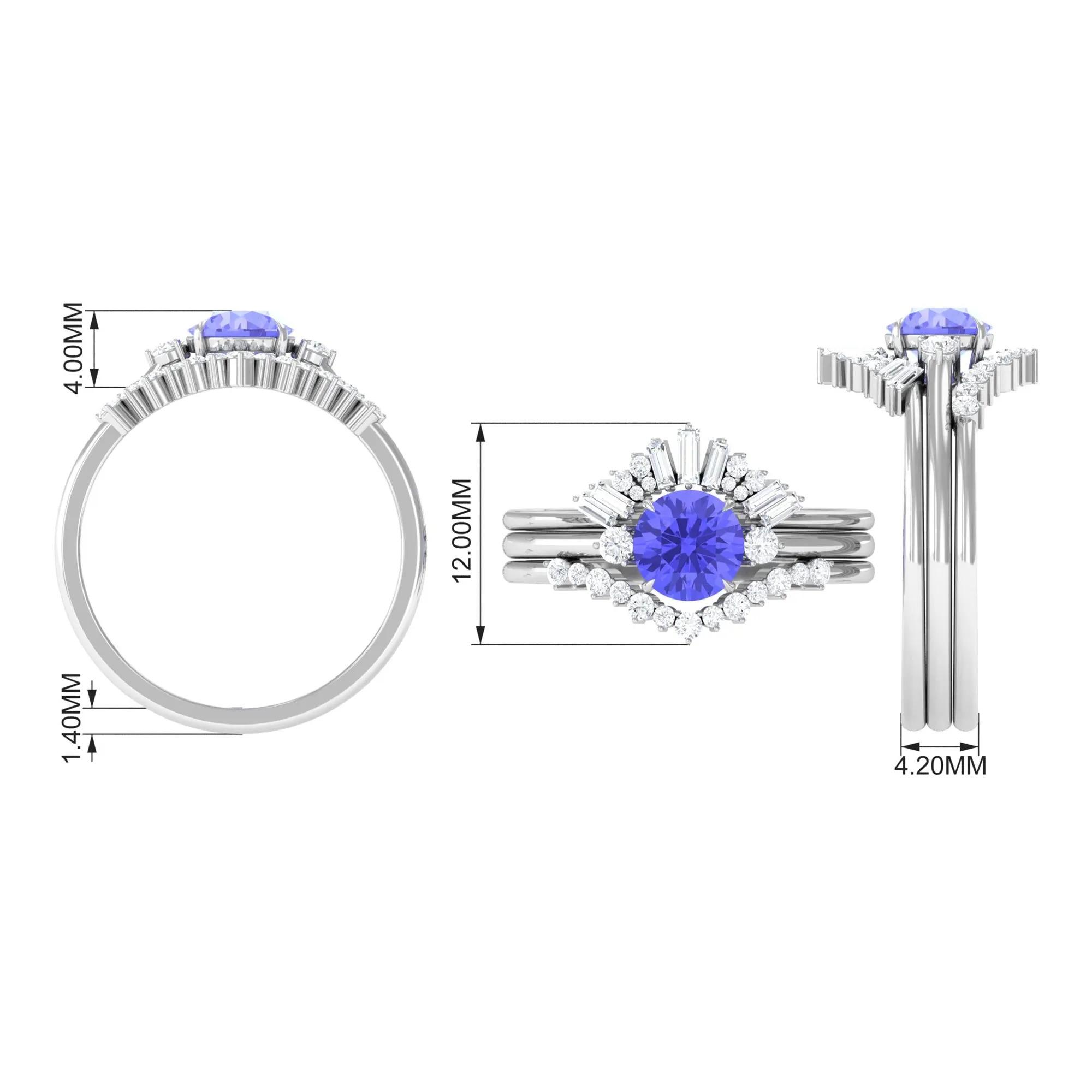 1.5 CT Round Tanzanite Designer Trio Wedding Ring Set with Diamond