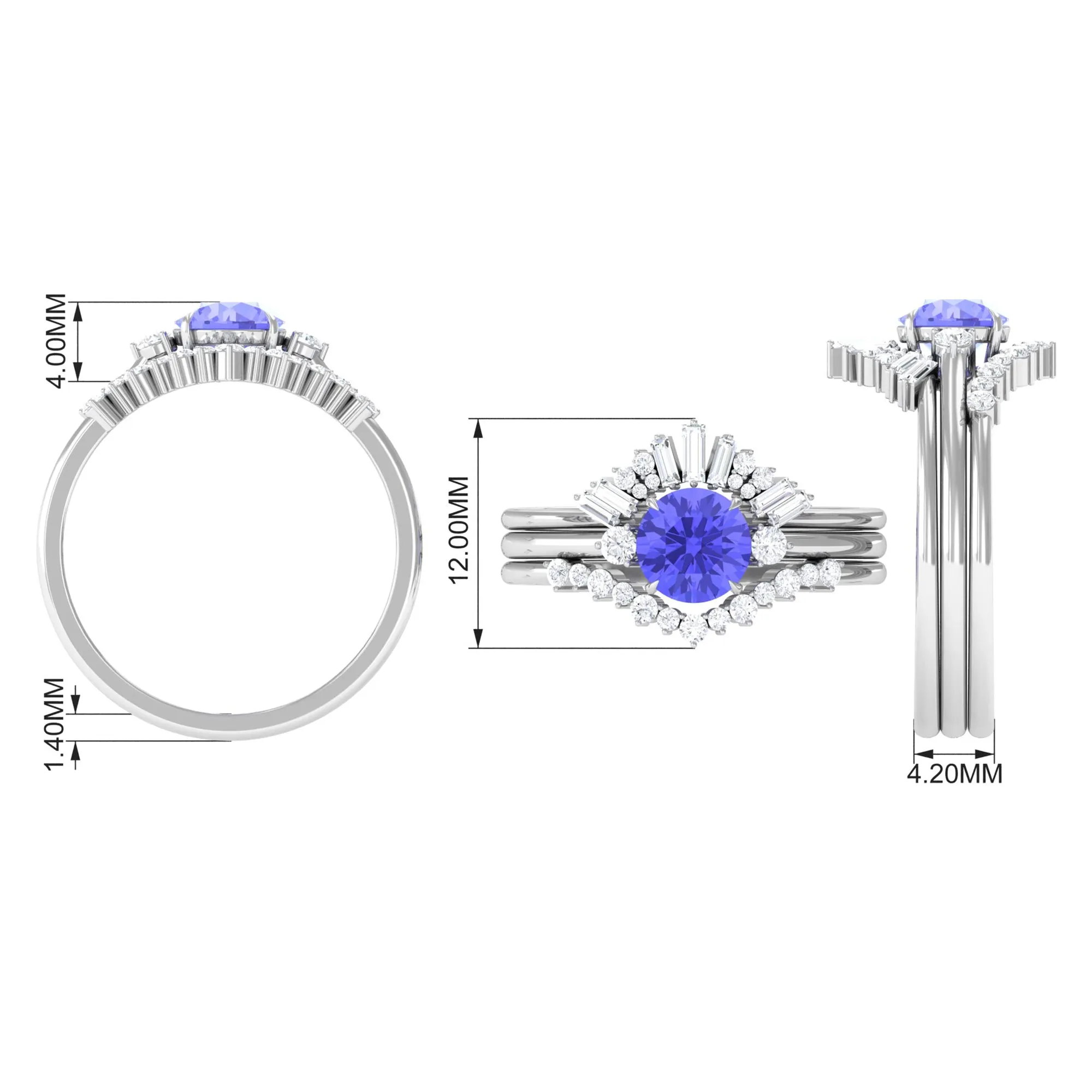 1.5 CT Round Tanzanite Designer Trio Wedding Ring Set with Diamond