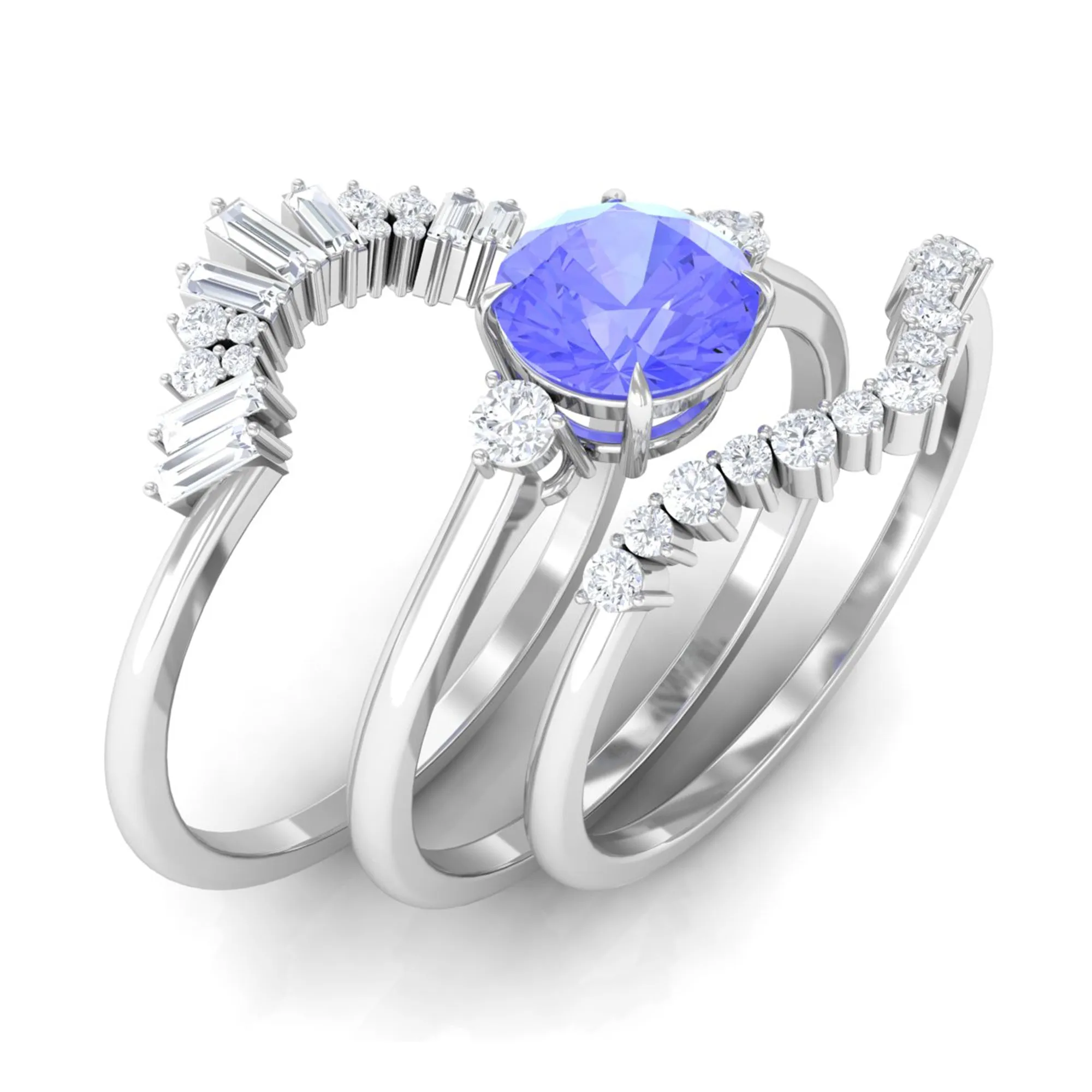 1.5 CT Round Tanzanite Designer Trio Wedding Ring Set with Diamond