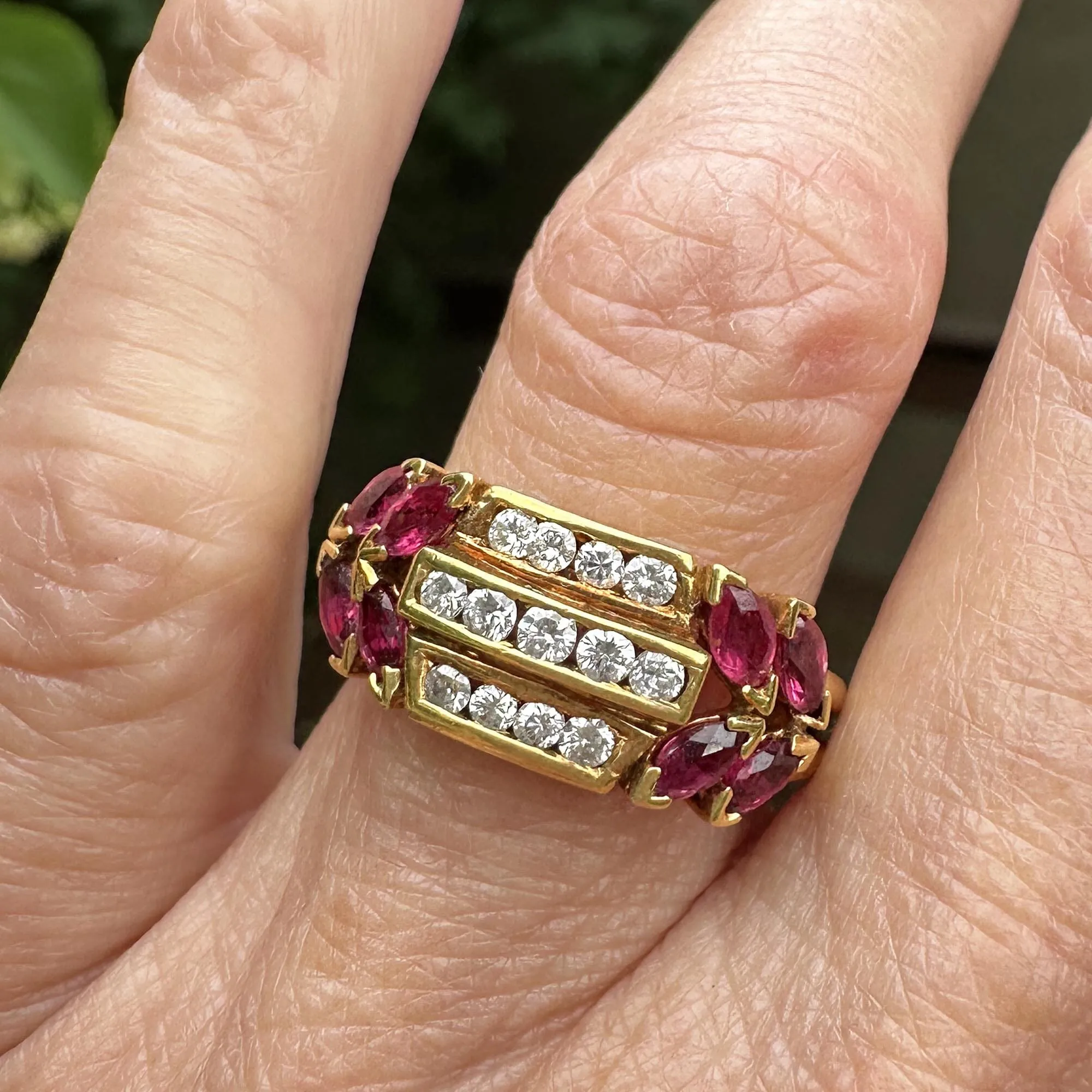 18K Gold Three Row Diamond Marquise Ruby Ring, 1940s