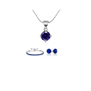 18k White Gold 6 Ct Round Created Blue Sapphire Set of Necklace, Earrings and Bracelet Plated