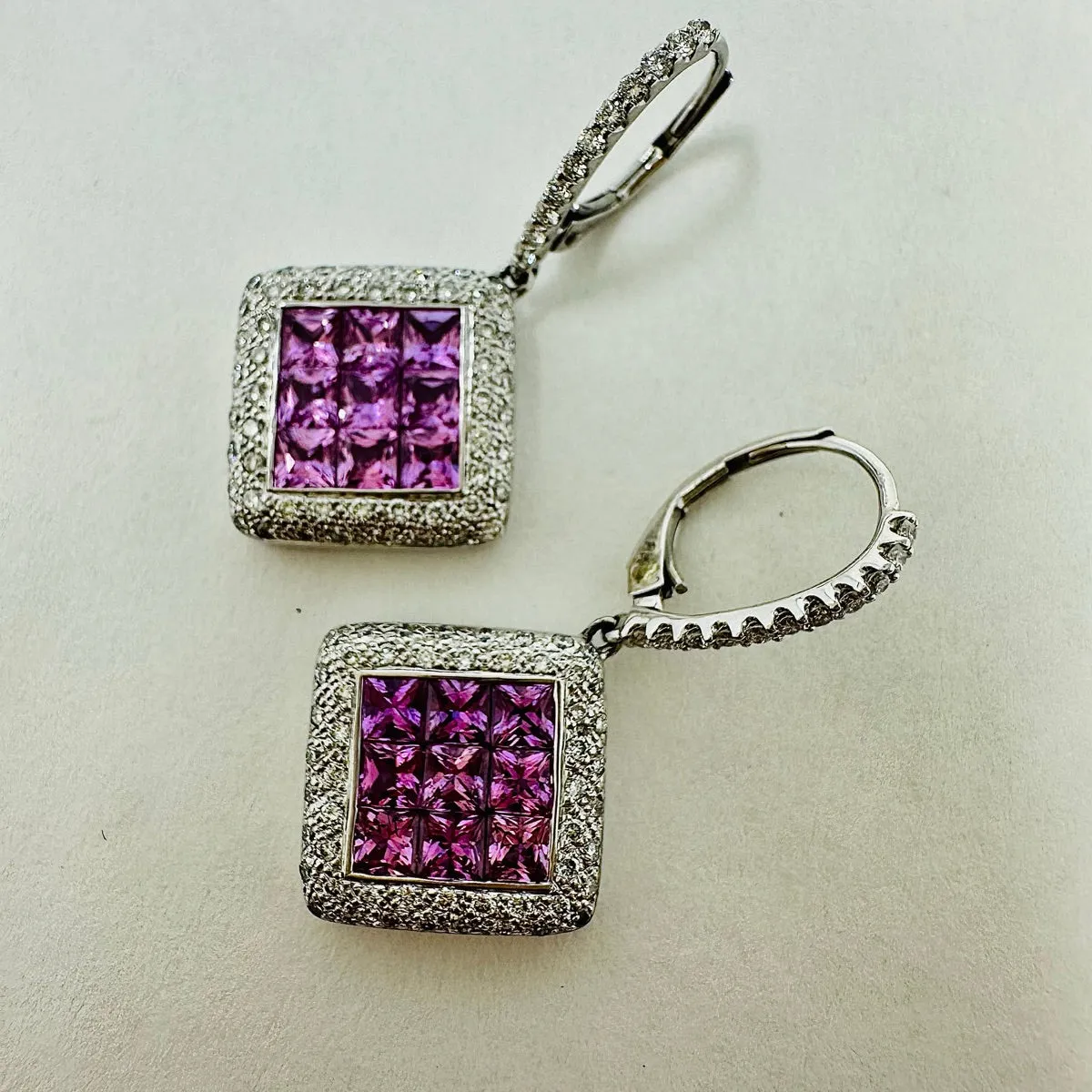 18K White Gold Pink Sapphire and Diamond Drop Earrings