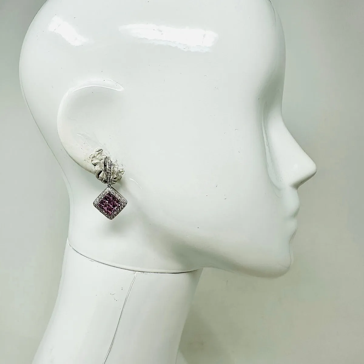 18K White Gold Pink Sapphire and Diamond Drop Earrings