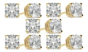 18k Yellow Gold 3Ct Cushion Cut White Sapphire Set Of Five Stud Earrings Plated