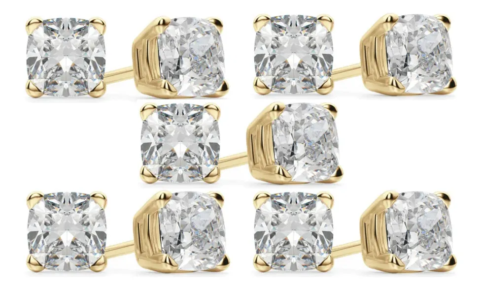 18k Yellow Gold 4mm 3Ct Cushion Cut White Sapphire Set Of Five Stud Earrings Plated