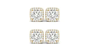 18k Yellow Gold 6mm 3Ct Cushion Cut White Sapphire Set Of Two Halo Stud Earrings Plated