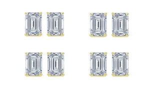 18k Yellow Gold 6mm 3Ct Emerald Cut White Sapphire Set Of Four Stud Earrings Plated