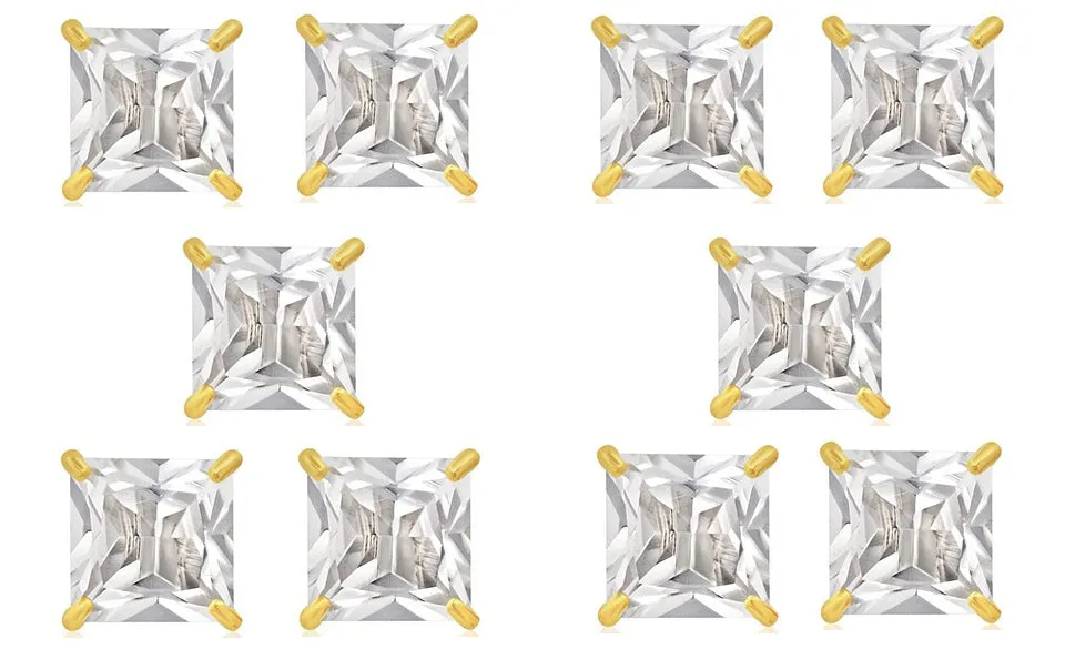 18k Yellow Gold Plated 1/2Ct Square Cut White Sapphire Set Of Five Stud Earrings