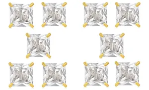 18k Yellow Gold Plated 1/2Ct Square Cut White Sapphire Set Of Five Stud Earrings