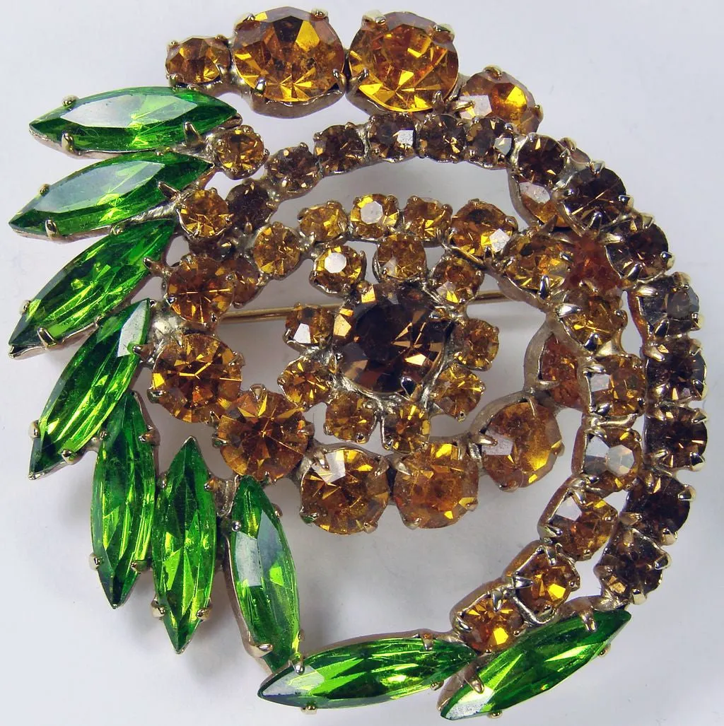 1950s Rhinestone Brooch Orange & Green Swirl Form