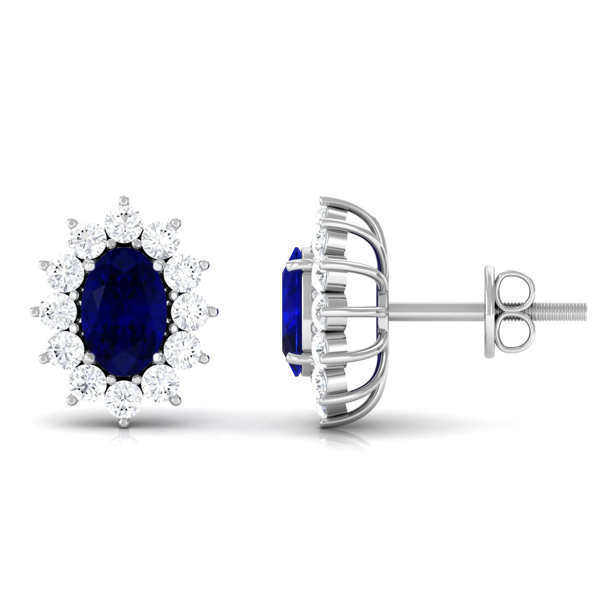 2 CT Oval Shape Blue Sapphire and Diamond Starburst Stud Earrings