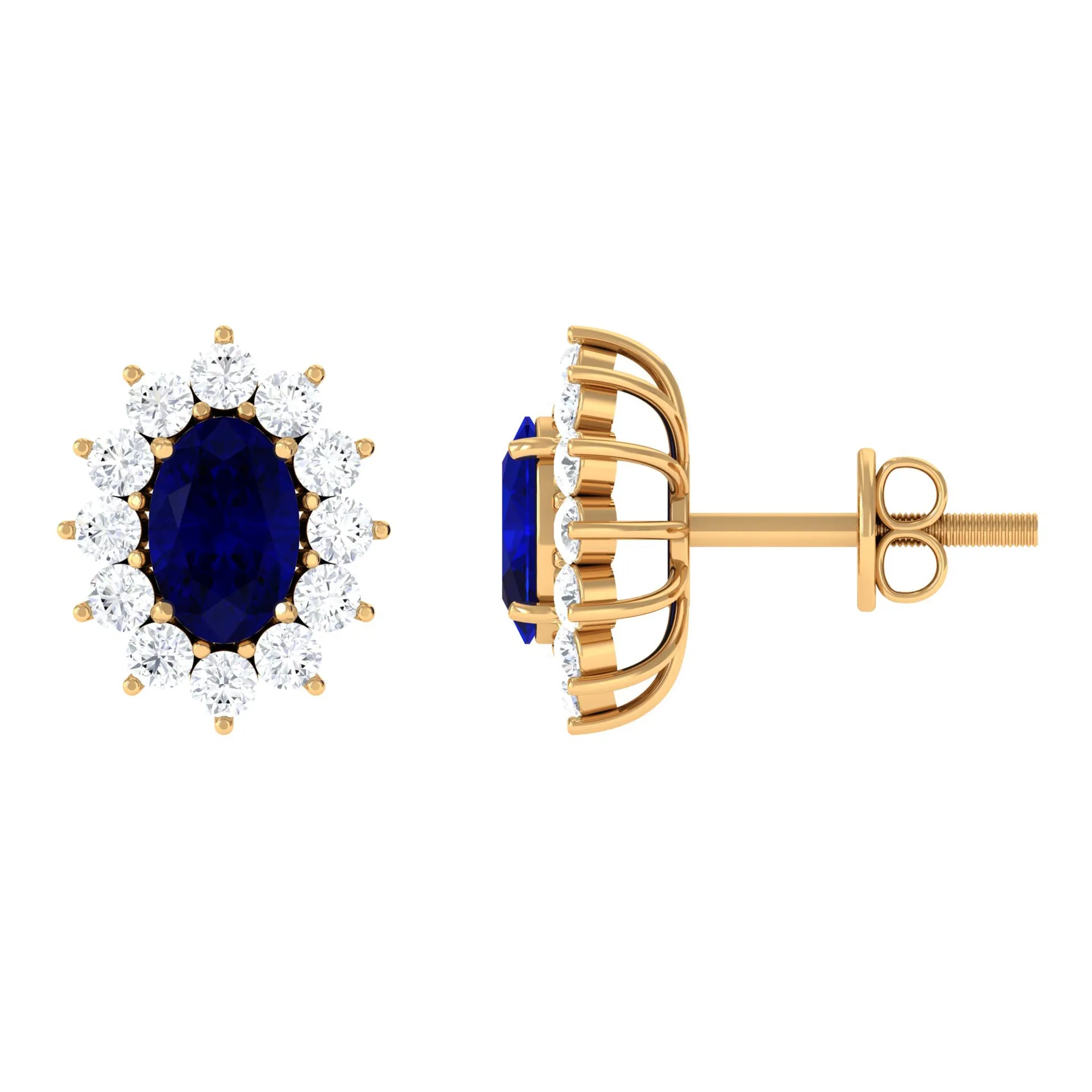 2 CT Oval Shape Blue Sapphire and Diamond Starburst Stud Earrings