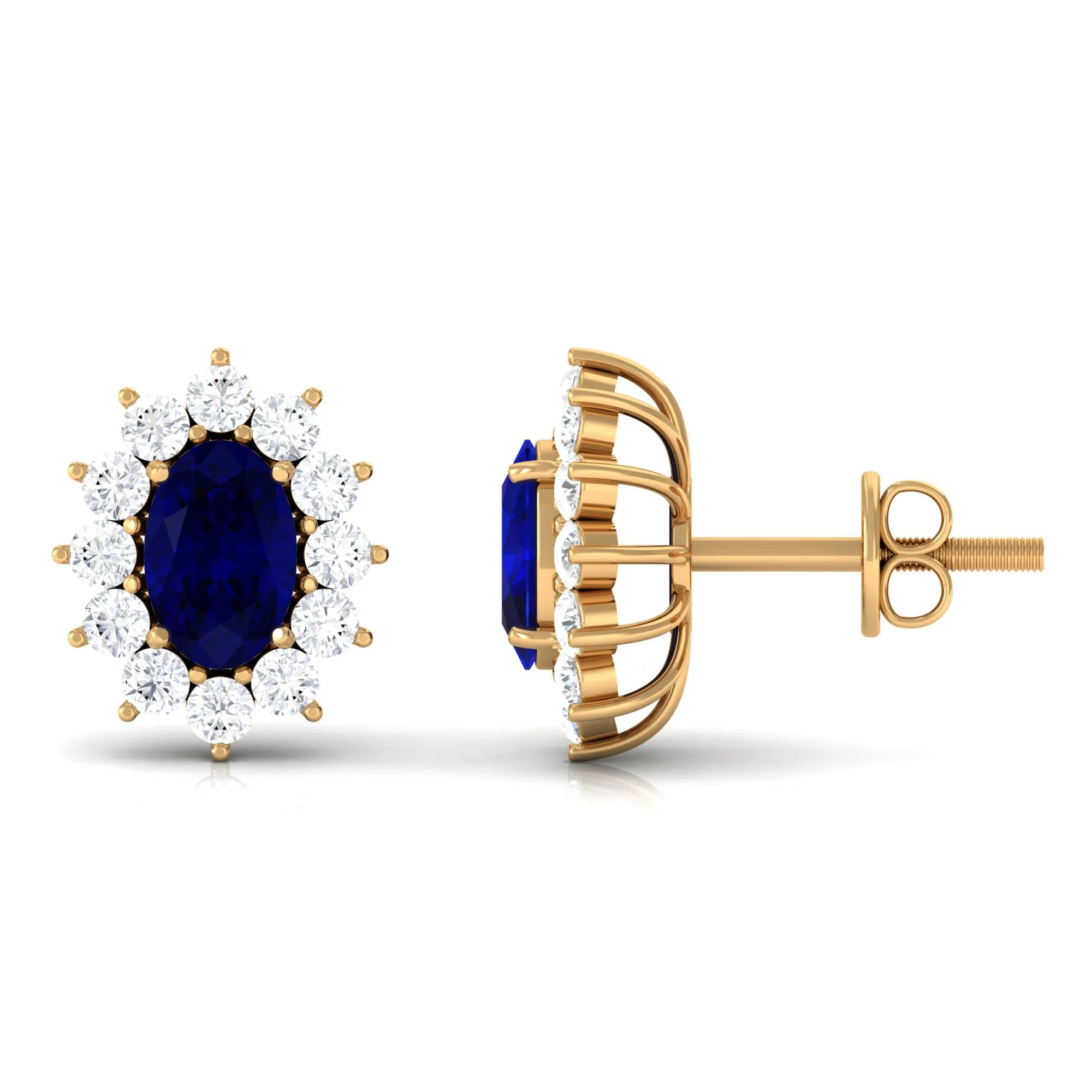 2 CT Oval Shape Blue Sapphire and Diamond Starburst Stud Earrings