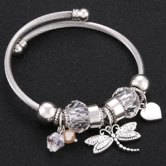 2020 New High Quality 6 Colors Lobster Buckle Snake Chain Bangles Beaded Bracelet Fit Jewelry Butterfly Flower Crown shape