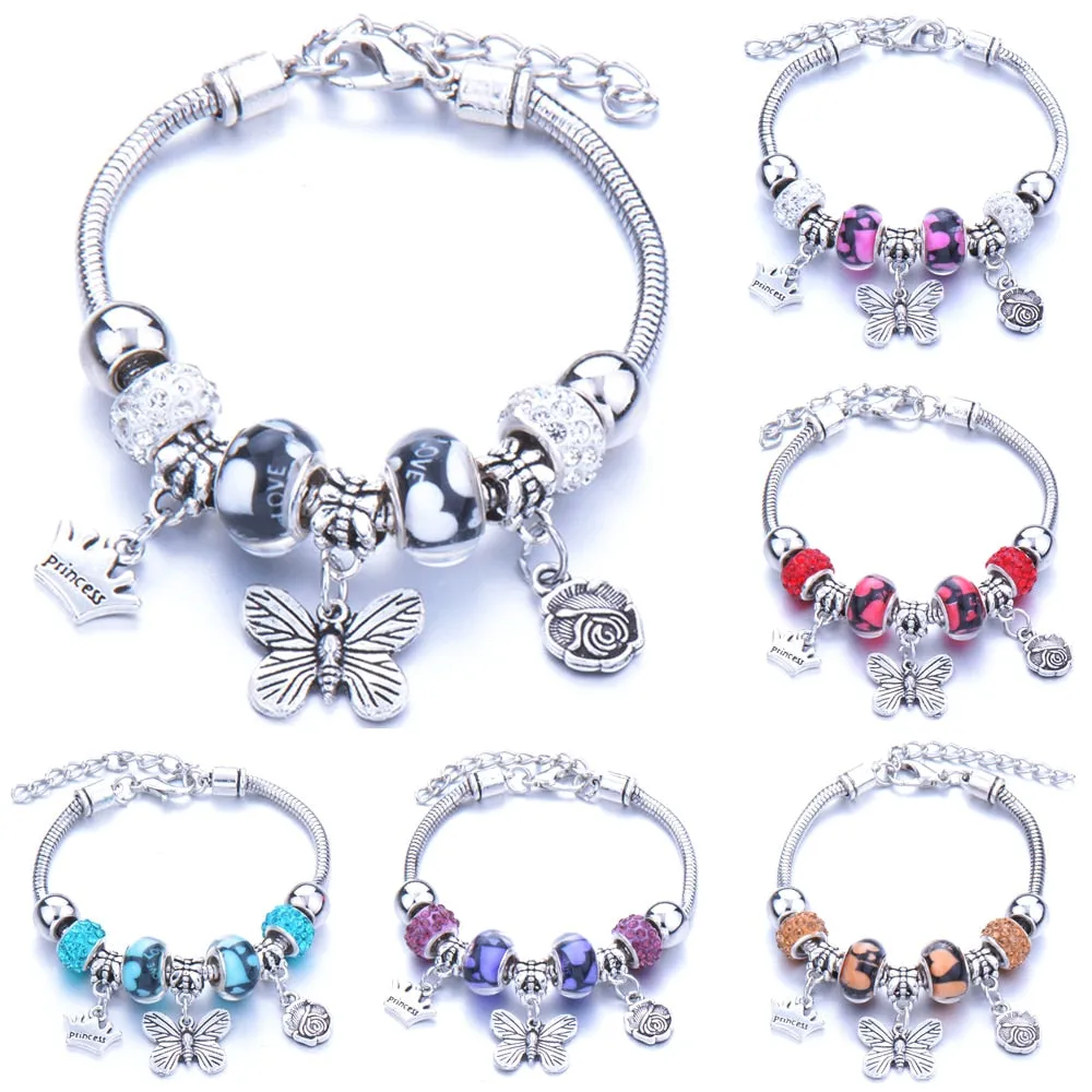 2020 New High Quality 6 Colors Lobster Buckle Snake Chain Bangles Beaded Bracelet Fit Jewelry Butterfly Flower Crown shape