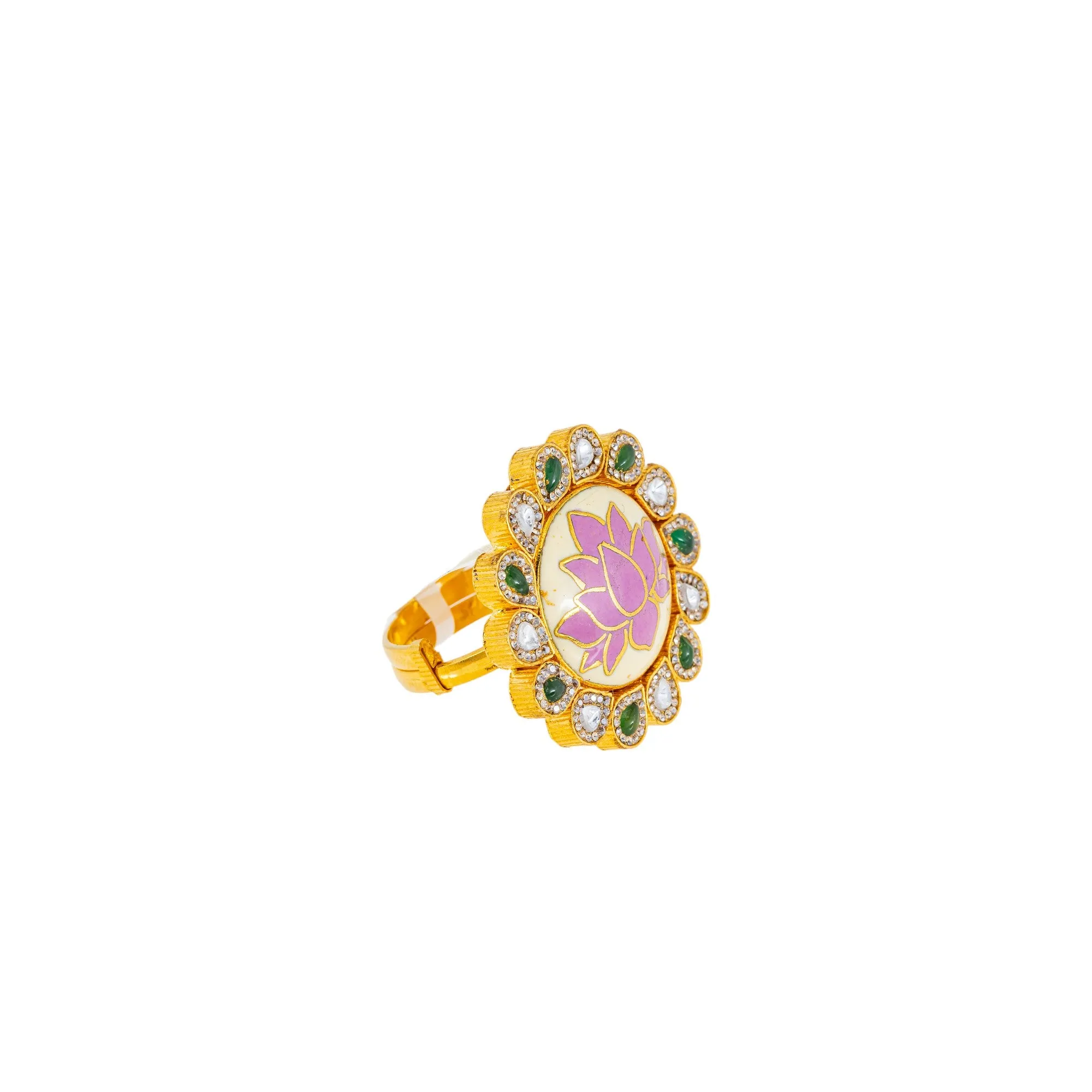 22K Antique Gold, Kundan, Emerald, & CZ Cocktail Ring (9.7gm)