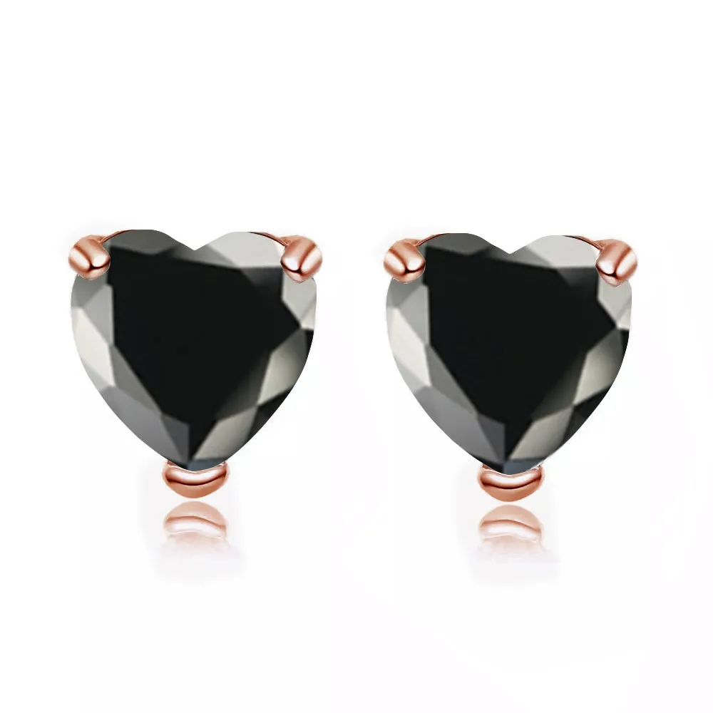 24k Rose Gold Plated 1/2 Carat Heart Created Black Sapphire Stud Earrings