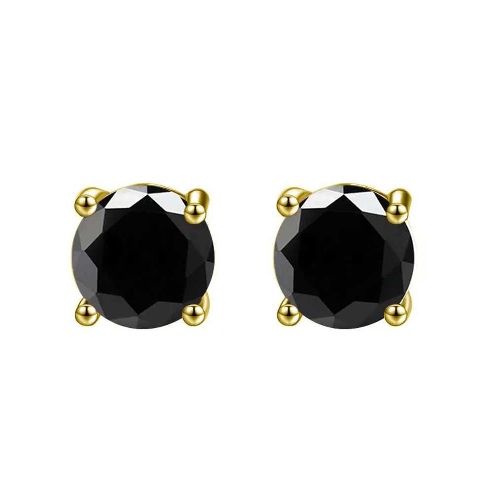 24k Yellow Gold Plated 2 Cttw Black Sapphire Round Stud Earrings