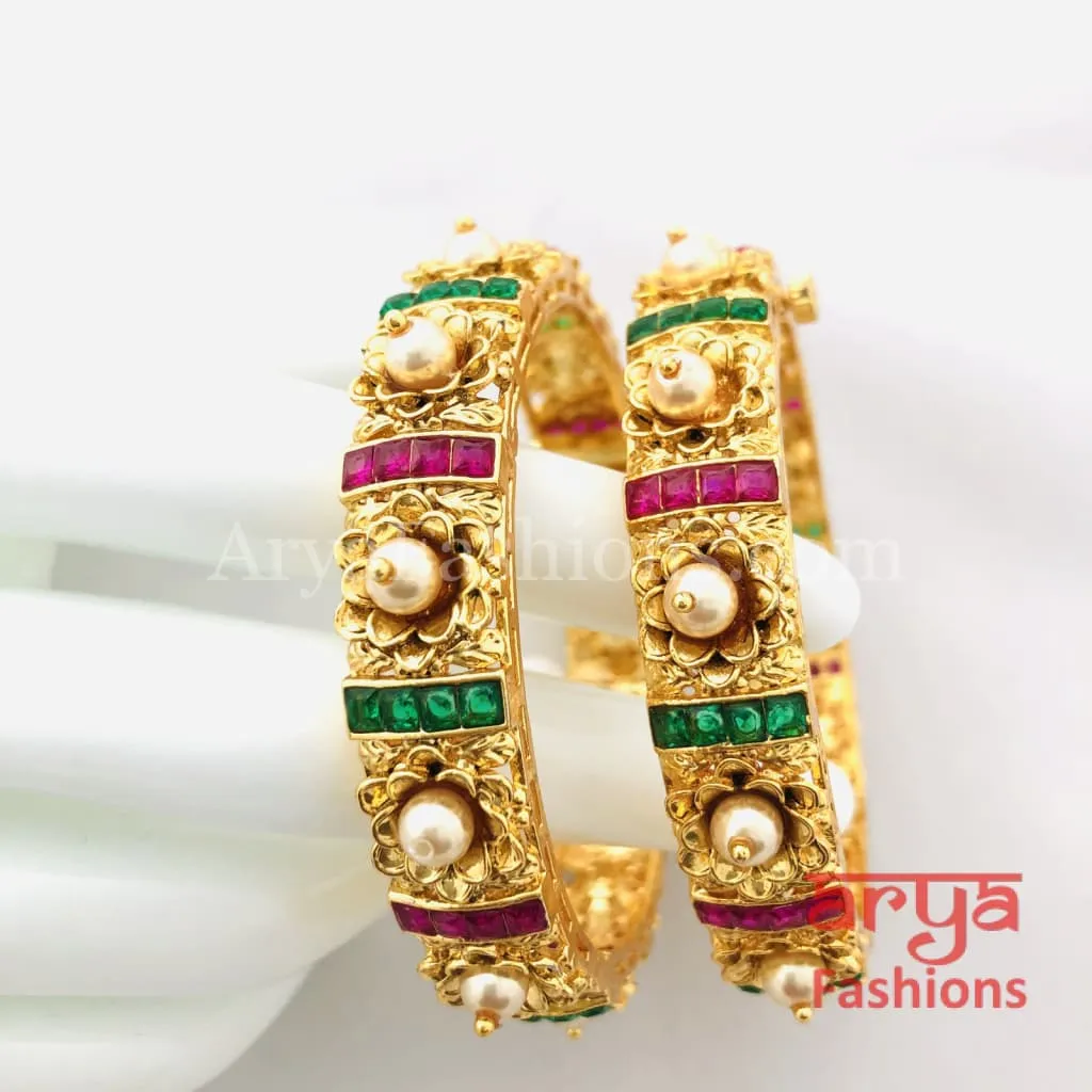 2.6 size Kundan, Ruby Rajwadi Meenakari Bangles with Pearls