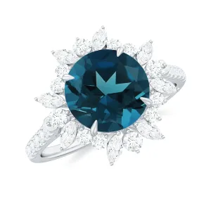 3 CT London Blue Topaz Cocktail Ring with Diamond Floral Halo