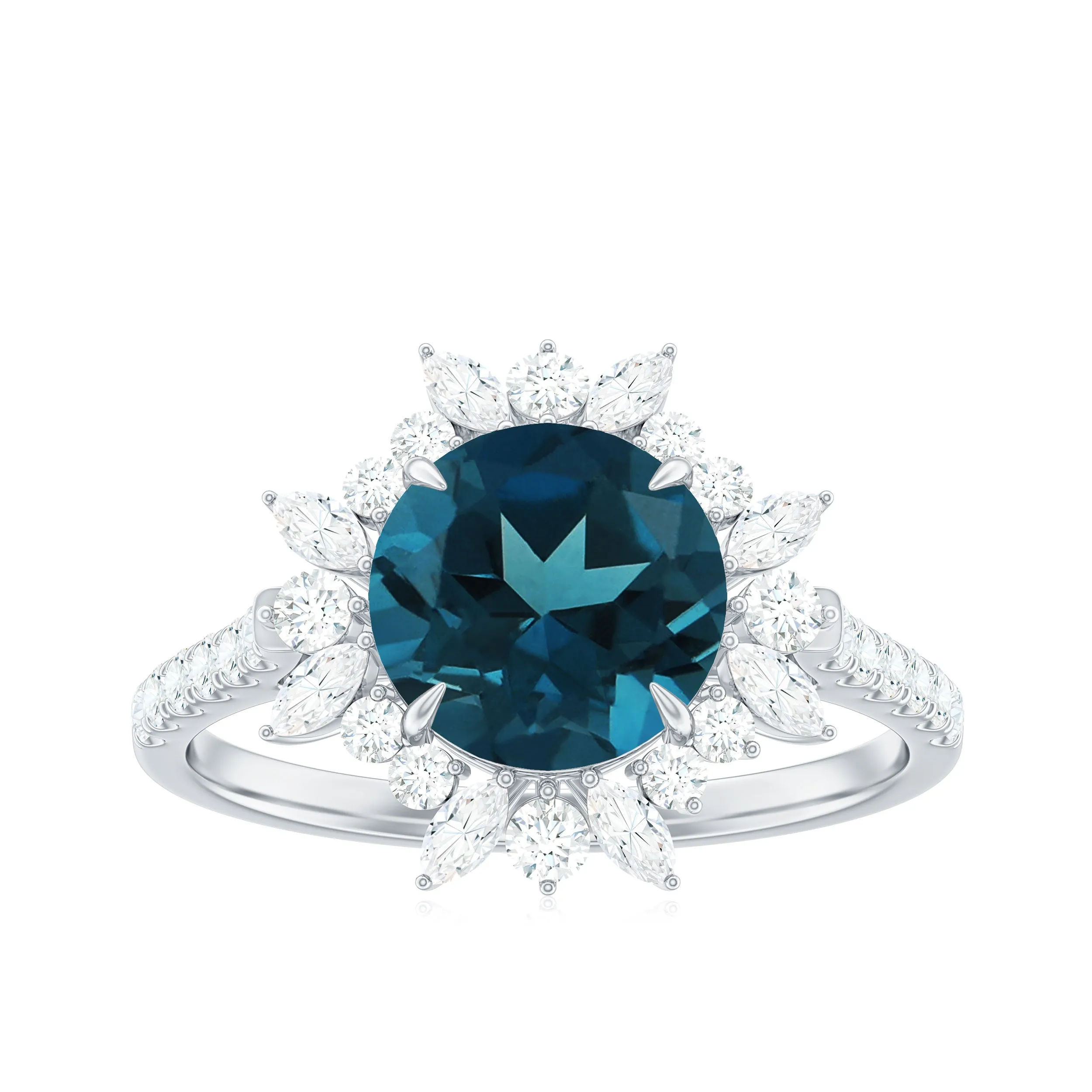 3 CT London Blue Topaz Cocktail Ring with Diamond Floral Halo