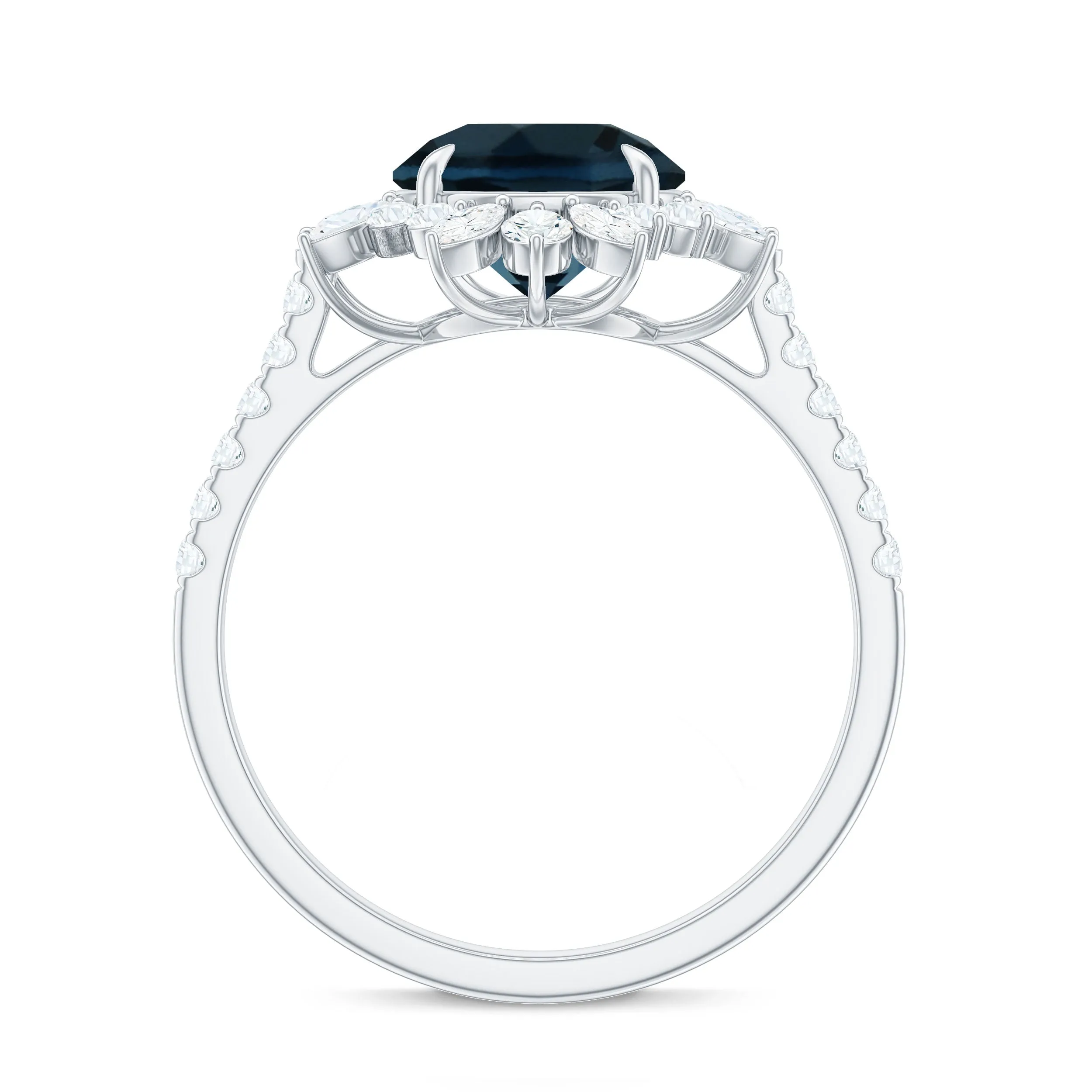 3 CT London Blue Topaz Cocktail Ring with Diamond Floral Halo