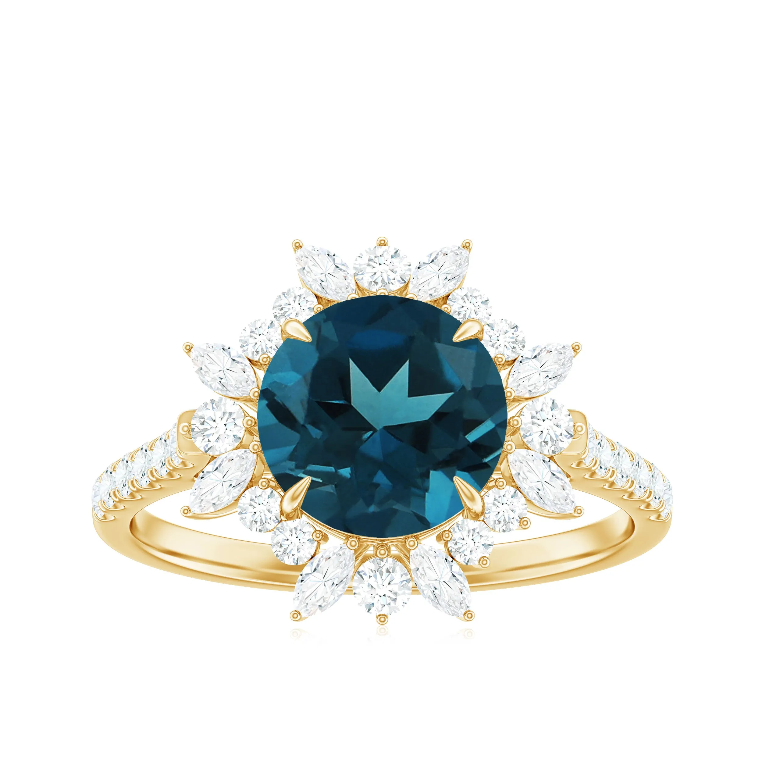 3 CT London Blue Topaz Cocktail Ring with Diamond Floral Halo