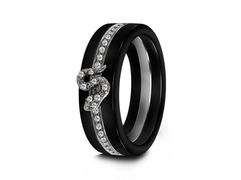 6MM BLACK CERAMIC WEDDING BAND FLAT AND ETERNITY CZ SILVER SNAKE