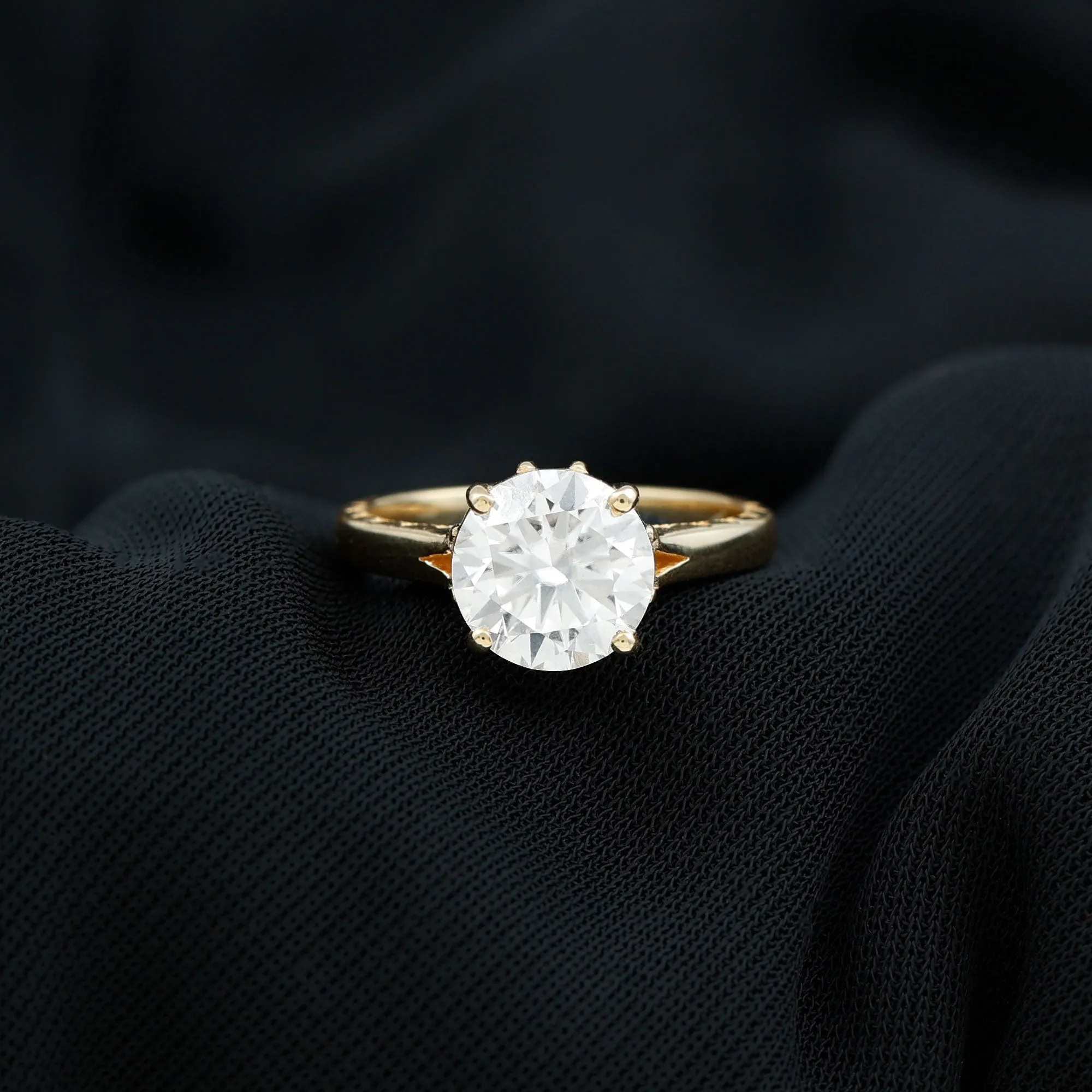 8 MM Round Cut Moissanite Solitaire Gold Ring with Milgrain Detailing