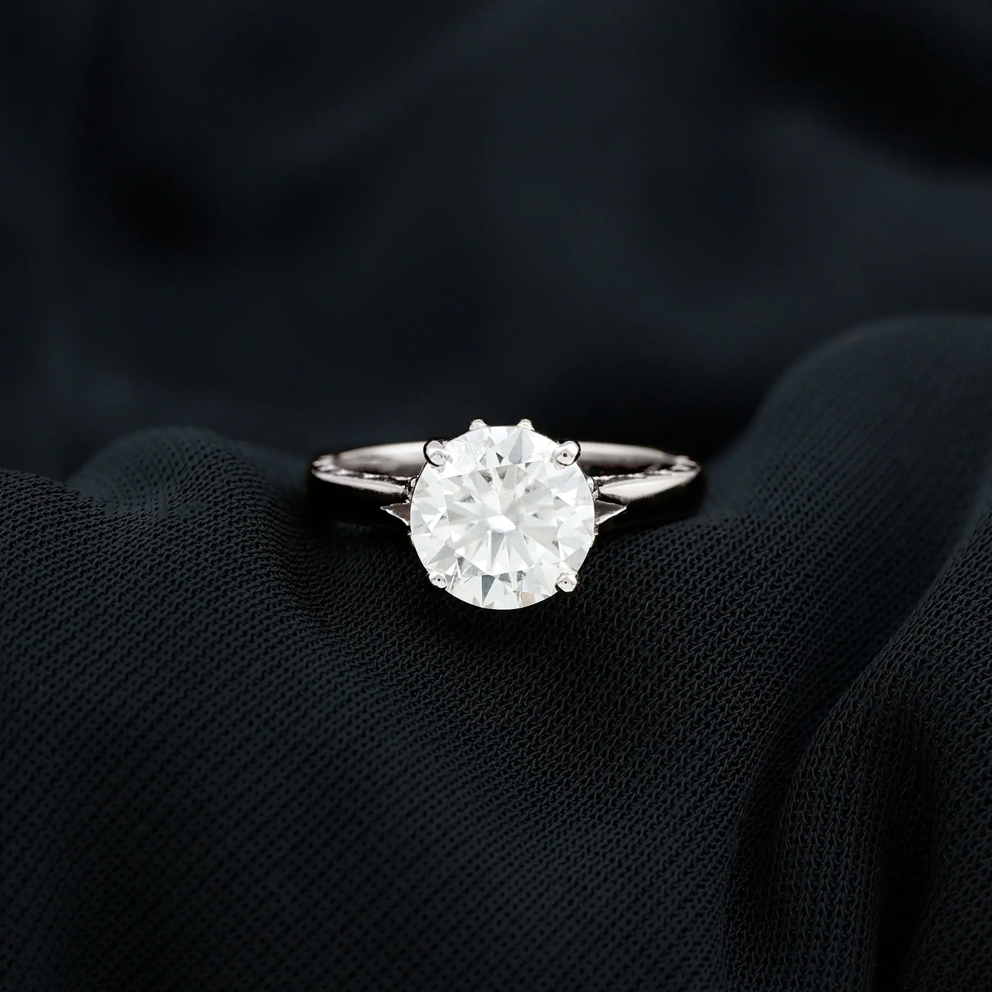 8 MM Round Cut Moissanite Solitaire Gold Ring with Milgrain Detailing