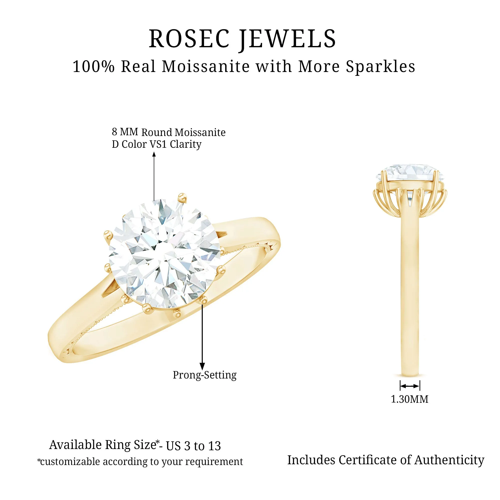 8 MM Round Cut Moissanite Solitaire Gold Ring with Milgrain Detailing