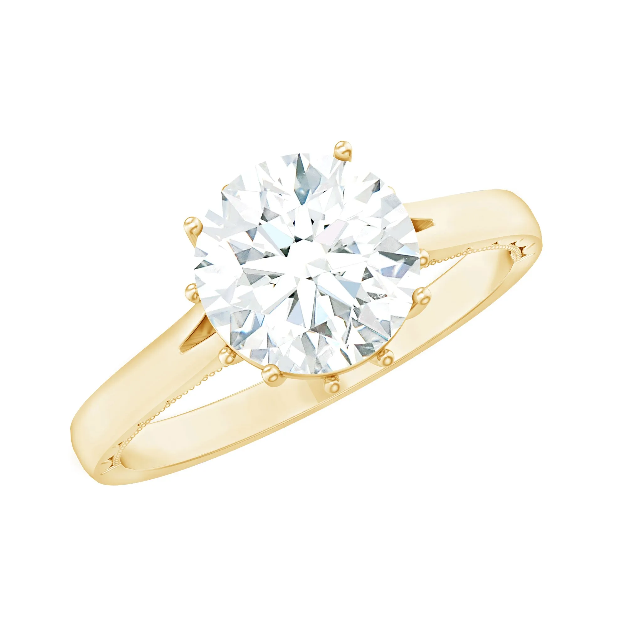 8 MM Round Cut Moissanite Solitaire Gold Ring with Milgrain Detailing